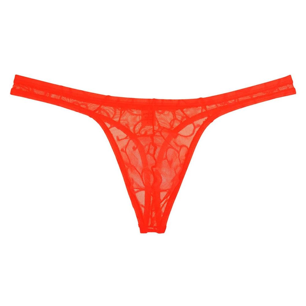 JAXFSTK Men's Jacquard G-string Underpants Low-rise See-through T-back Mesh Thong Orange Red L