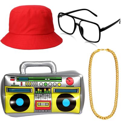 meekoo Halloween 80s/ 90s Hip Hop Costume Kit Rapper Bucket Hat Sunglasses Gold Chain Cosplay Accessories for Men Theme Party(Red)