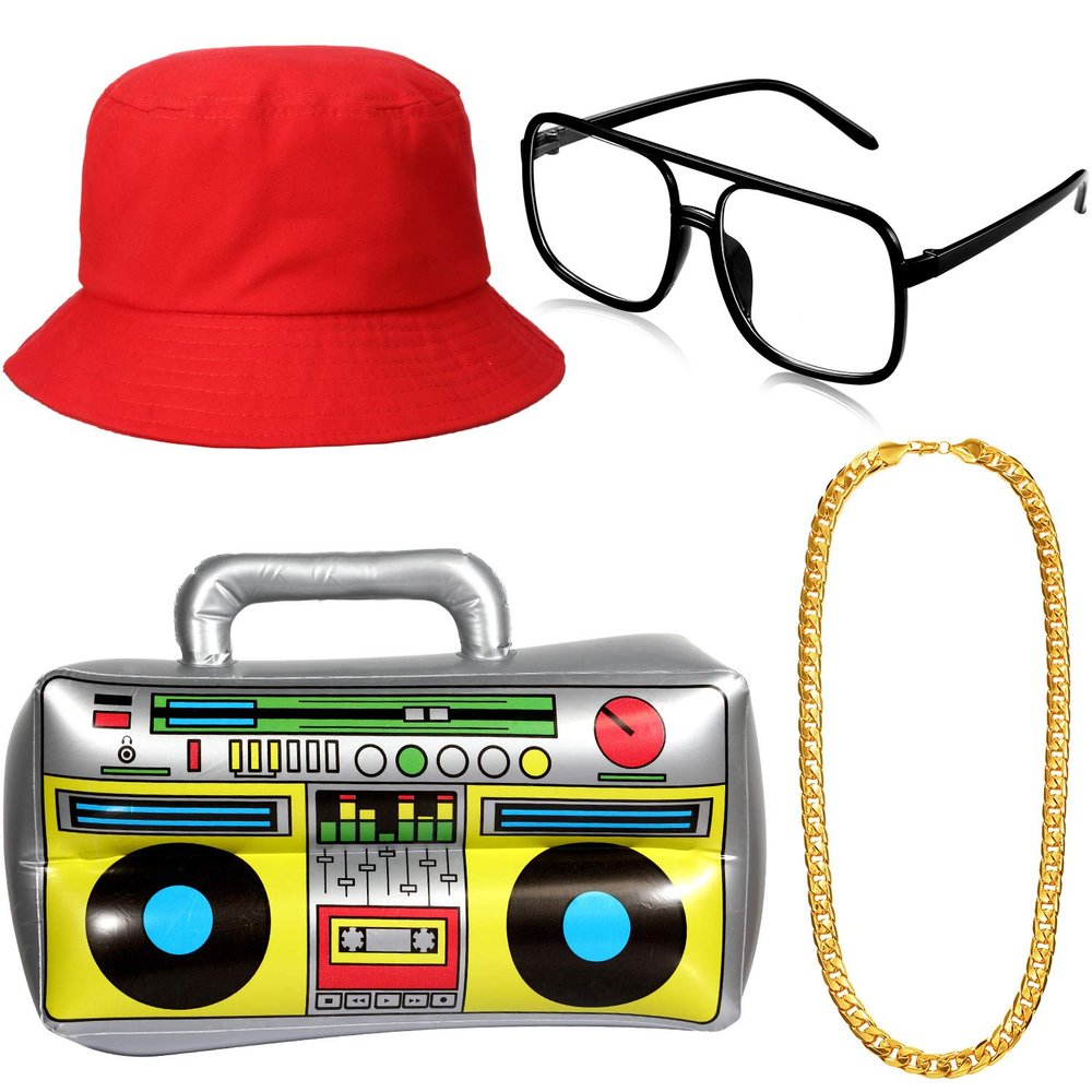 meekoo Halloween 80s/ 90s Hip Hop Costume Kit Rapper Bucket Hat Sunglasses Gold Chain Cosplay Accessories for Men Theme Party(Red)