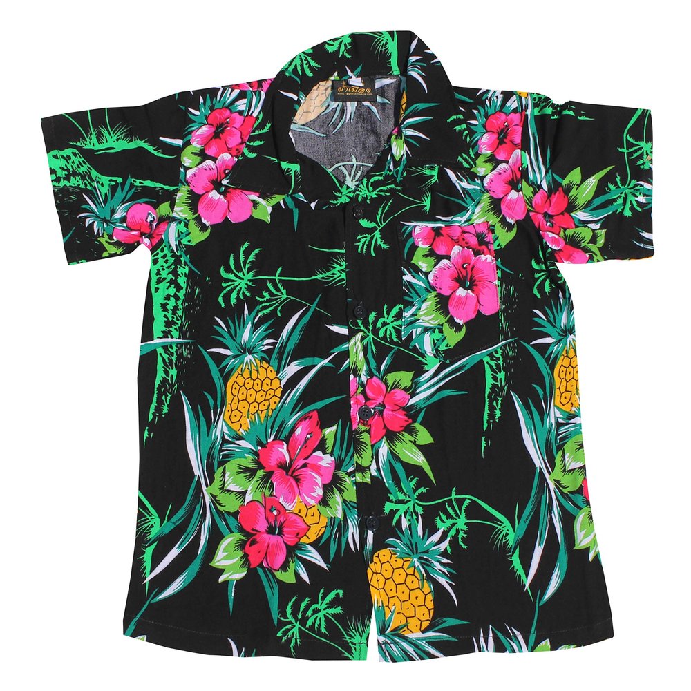 Full Funk Childrens Hawaiian Shirt in Summer Silky Viscose Rayon Floral Prints, 1-3 Years, Flower & Pineapple Black Green