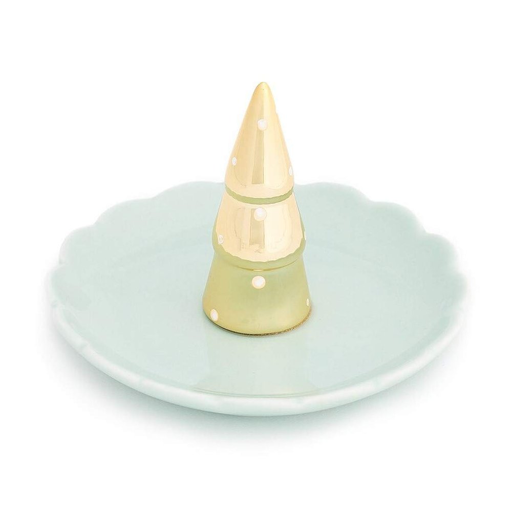 LC Lauren Conrad Light Seafoam Green Porcelain and Gold Colored Christmas Tree Design Jewelry and Trinket Tray