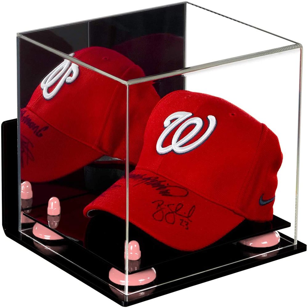 Better Display Cases Acrylic Baseball Cap Display Case with Mirror, Wall Mount, Pink Risers and Black Base (A006/V21)
