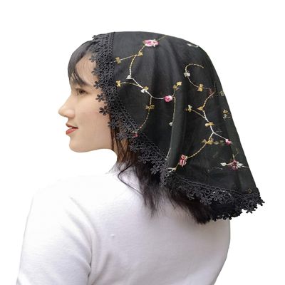 FANFAN Embroidered Lace Head Covering - Chapel Wedding Catholic Mass Bridal Church Service Veil for Women Girls Teens, Tulle Lightweight Breathable Headscarf S11 (Black)