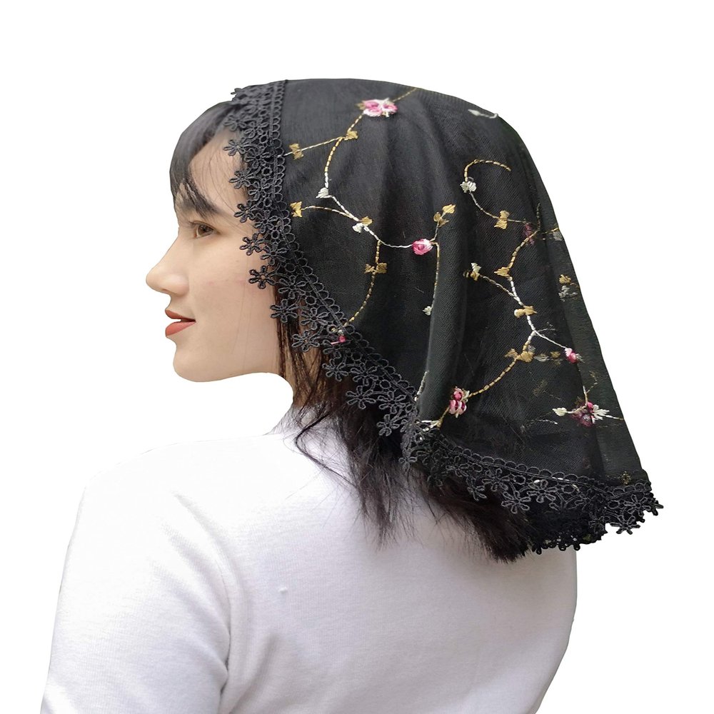 FANFAN Embroidered Lace Head Covering - Chapel Wedding Catholic Mass Bridal Church Service Veil for Women Girls Teens, Tulle Lightweight Breathable Headscarf S11 (Black)