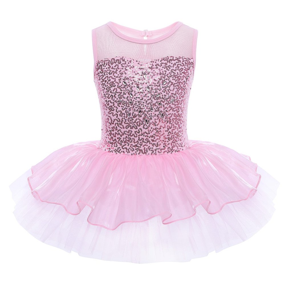 Aislor Kids Girls Sleeveless Sparkly Rhinestone Leotard Dress Ballet Dance Mesh Splice Tutu Skirts Pink 4T