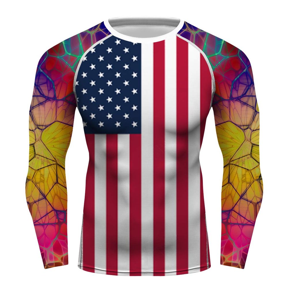 Men's American Flag Slim Fit Long Sleeve Compression Gym Trainning Casual Top (Yellow, Medium)