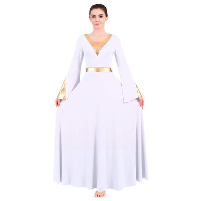 Women Metallic Color Block Liturgical Praise Dance Dress Bell Long Sleeve Lyrical Christian Church Dancewear Gown Loose Fit Full Length Tunic Circle Skirt Worship Costume Praisewear White XS