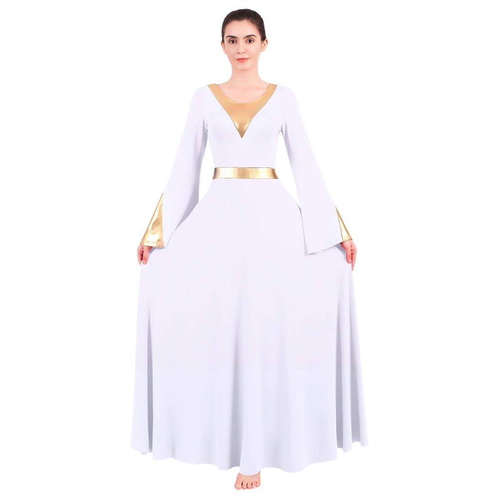 Women Metallic Color Block Liturgical Praise Dance Dress Bell Long Sleeve Lyrical Christian Church Dancewear Gown Loose Fit Full Length Tunic Circle Skirt Worship Costume Praisewear White XS