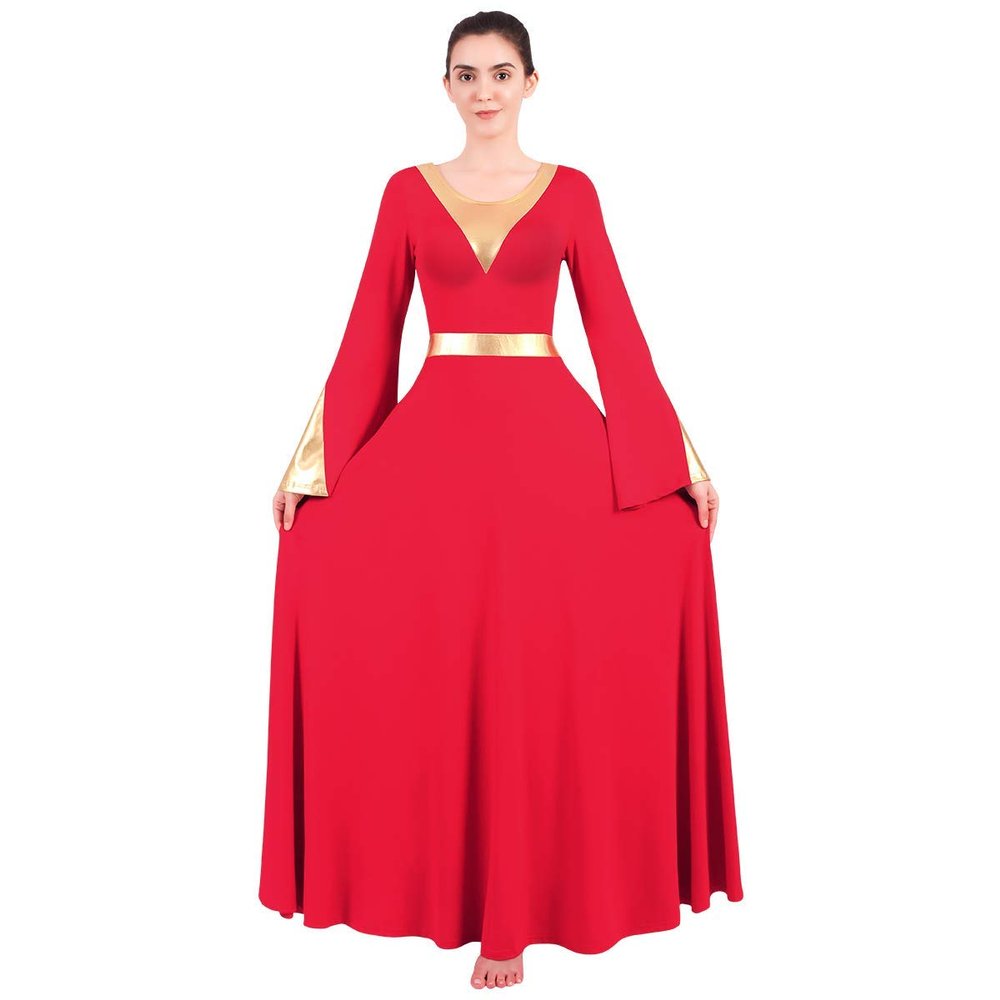 Women Metallic Color Block Liturgical Praise Dance Dress Bell Long Sleeve Lyrical Christian Church Dancewear Gown Loose Fit Full Length Tunic Circle Skirt Worship Costume Praisewear Red L