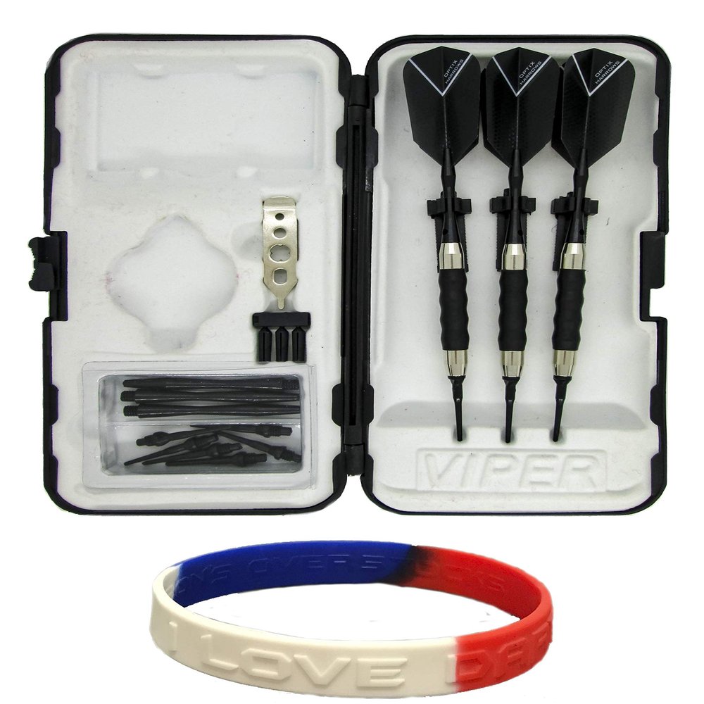 Sure Grip Viper Black Soft Tip Darts with Dart Case & Accessories Choice of Flights 16 or 18 Grams Plus I Love Darts Bracelet (Harrows Optix Slim, 18g)