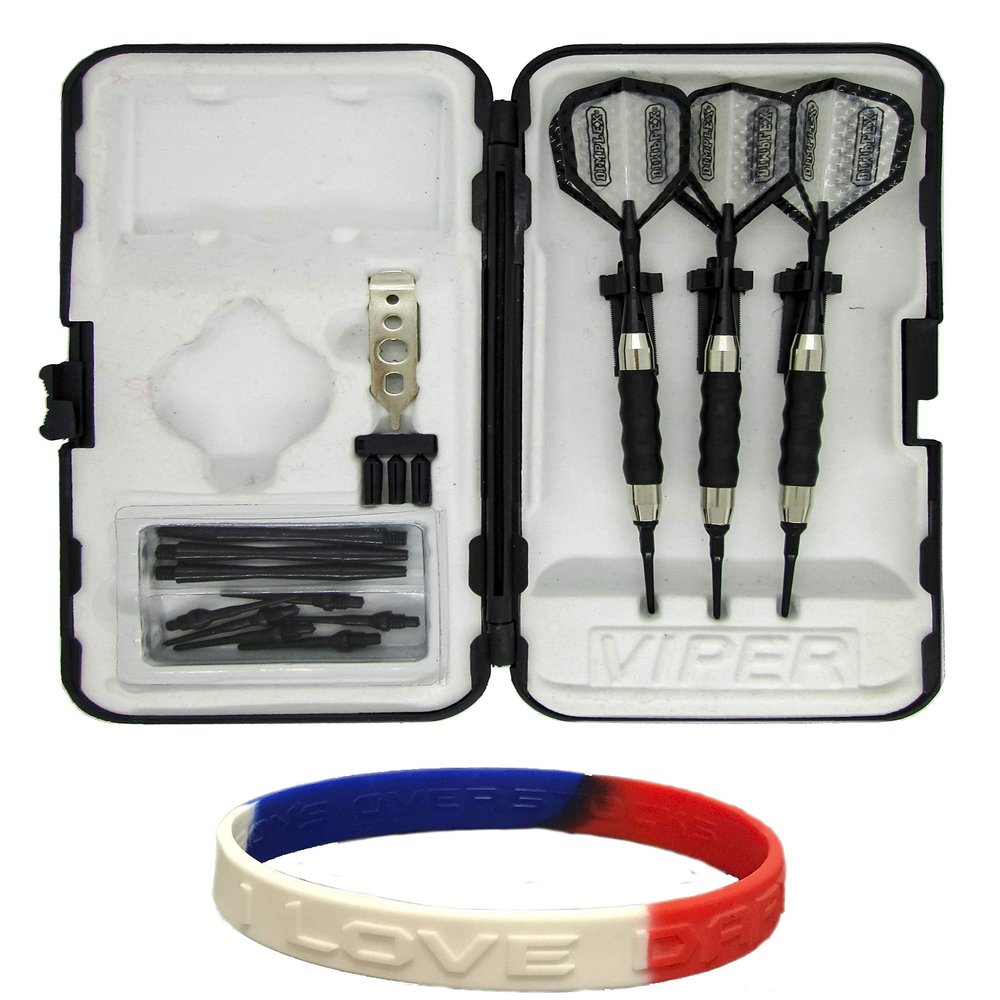 Sure Grip Viper Black Soft Tip Darts with Dart Case & Accessories Choice of Flights 16 or 18 Grams Plus I Love Darts Bracelet (Dimplex Clear, 18g)