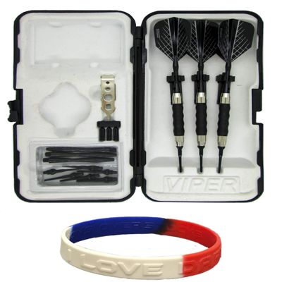 Sure Grip Viper Black Soft Tip Darts with Dart Case & Accessories Choice of Flights 16 or 18 Grams Plus I Love Darts Bracelet (Harrows Quantum, 18g)