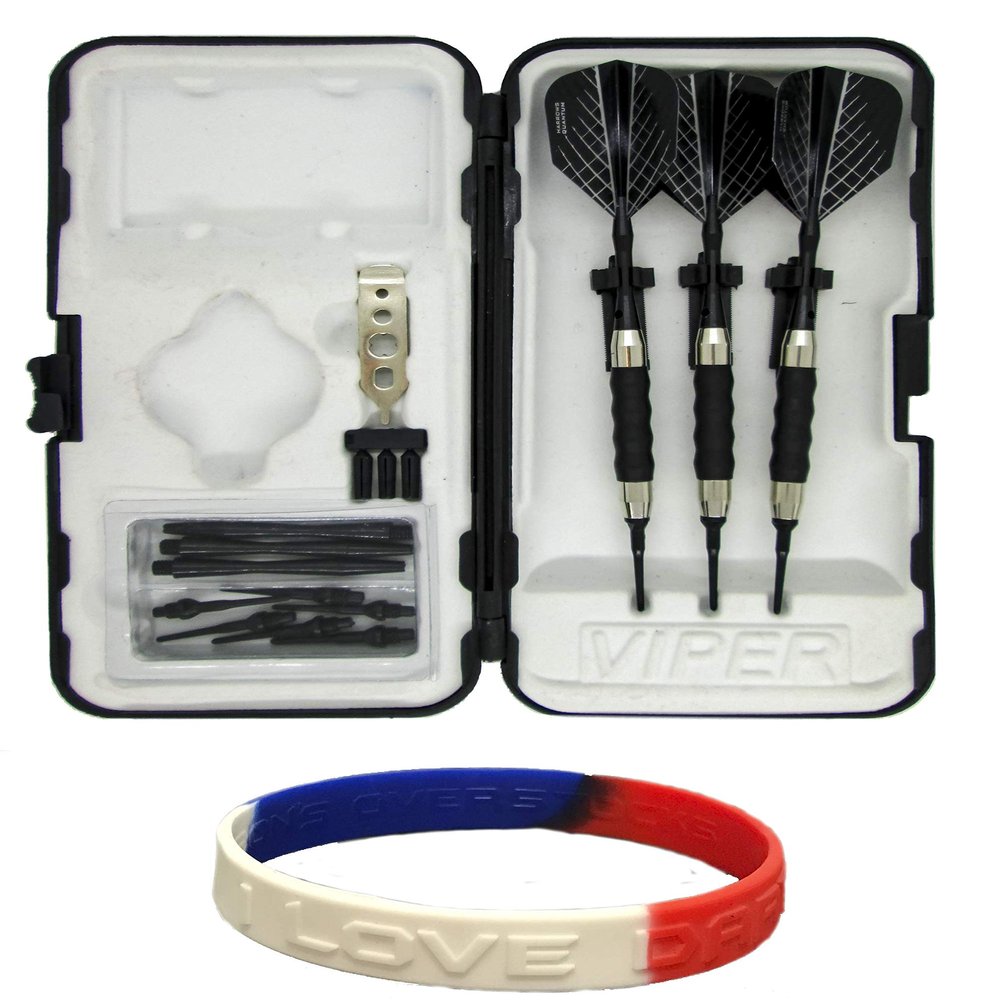 sure grip Viper Black Soft Tip Darts with Dart Case & Accessories Choice of Flights 16 or 18 Grams Plus I Love Darts Bracelet (Harrows Quantum, 16g)