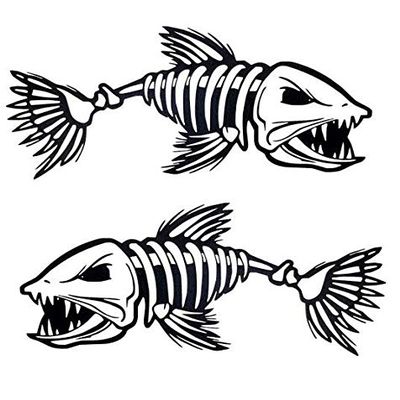 (2) 10" x 23" Skeleton Fish Boat Stickers Large Vinyl Decals Graphics Fishing (White)