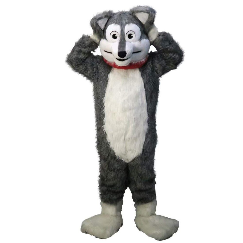 Long-Haired Grey Husky Wolf Mascot Costume Husky Dog Cartoon