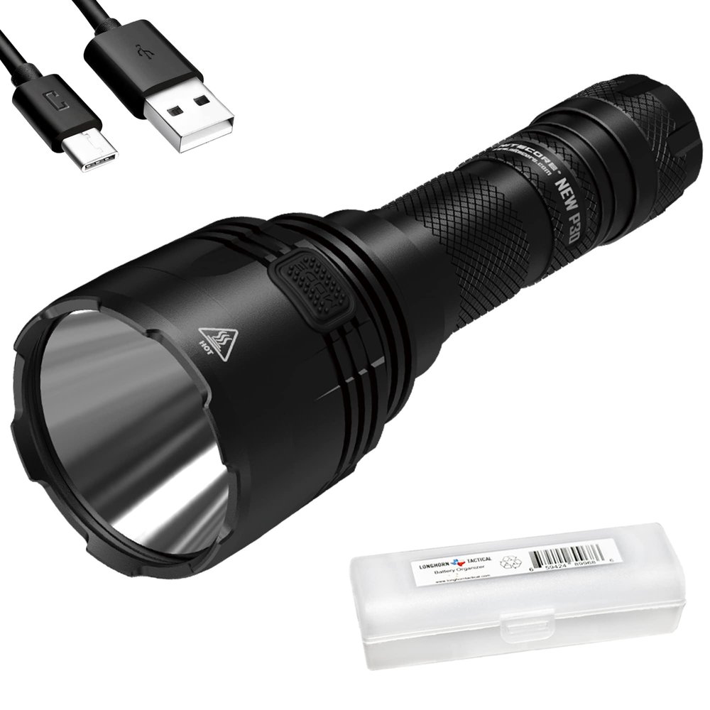 Nitecore New P30 1000 Lumen 676 Yard Long Throw Hunting Flashlight, NL2150R with Build-in USB-C Port, and LumenTac Organizer
