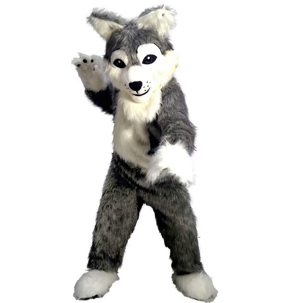 Long Hairy Gray Wolf Costume Mascot for Adult Cosplay Party Cartoon