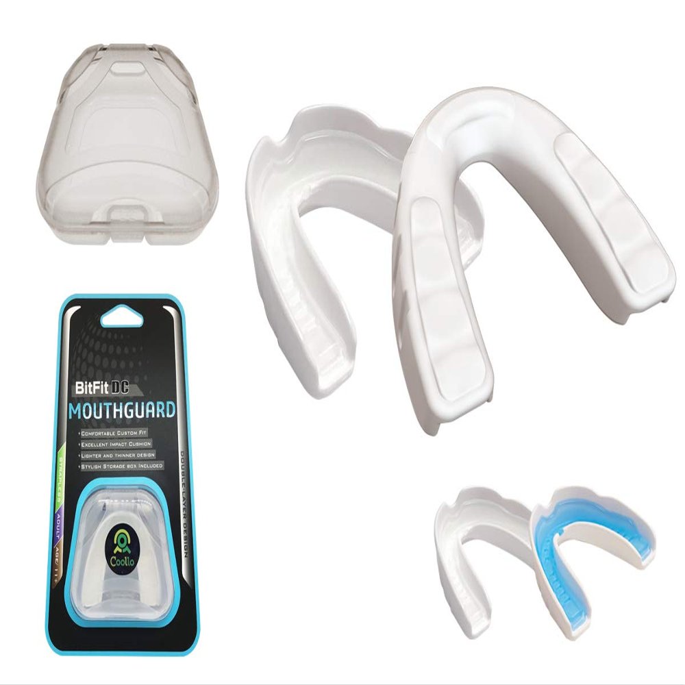COOLLO SPORTS Boil and Bite Mouth Guard DC Custom Fit Sport Mouthpiece for Karate, Martial Arts, Wrestling, Boxing, MMA (Free Case Included!) -Adult Size (Adult -Ages 11 & Above, Trans. & White)
