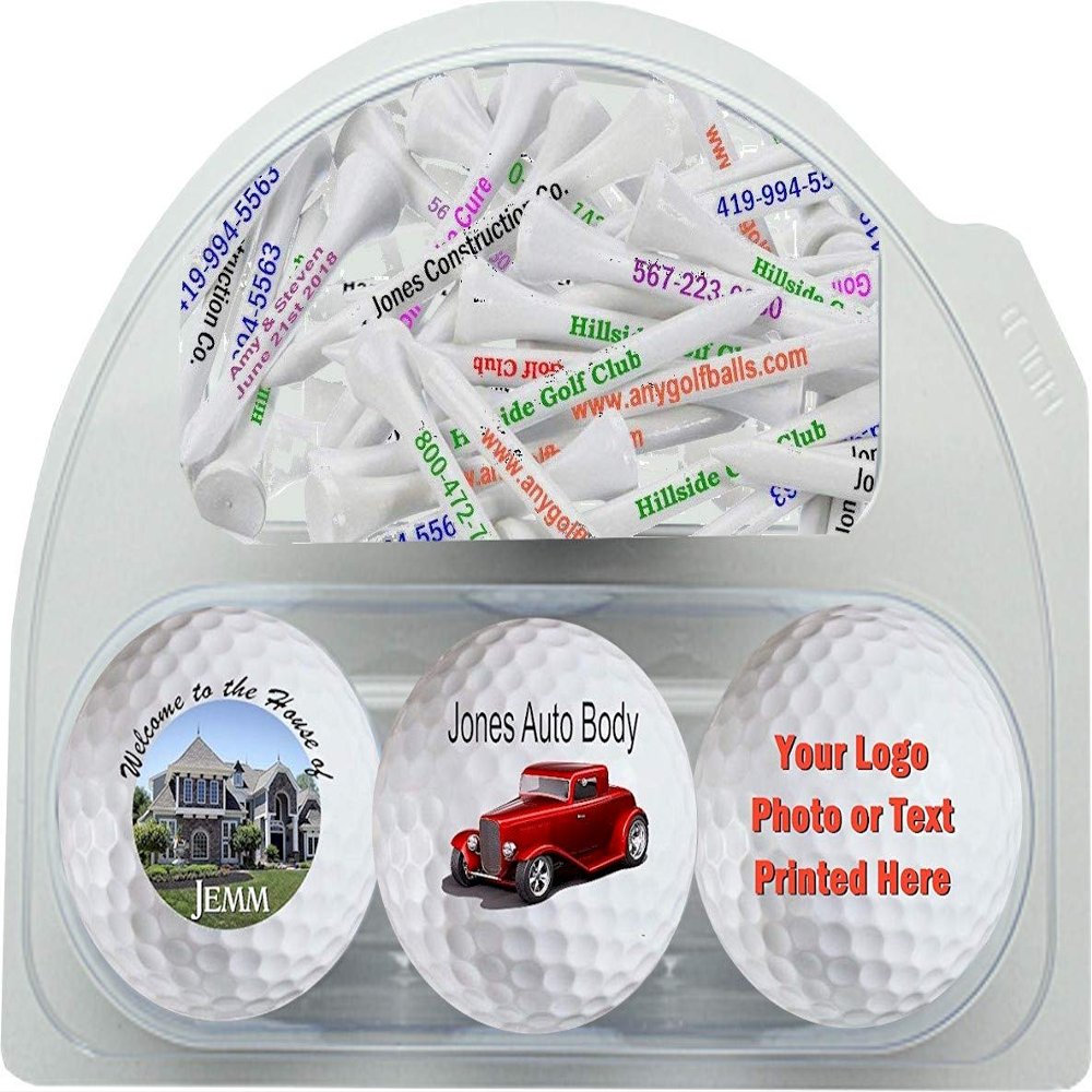 GBM Personalized Golf Balls 3 Pack and 20 Imprinted Golf Tees - Add Photo, Logo or Text