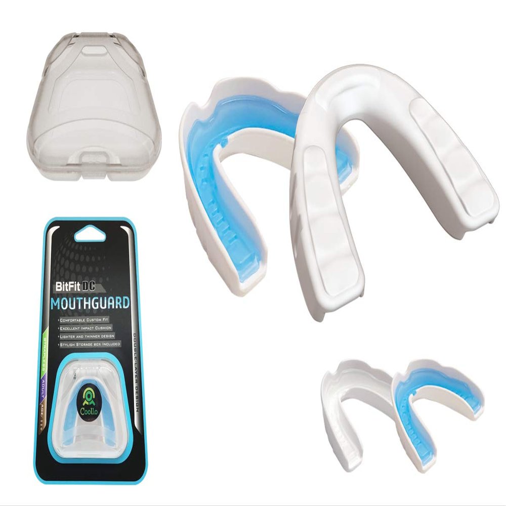 COOLLO SPORTS Boil and Bite Mouth Guard DC Custom Fit Sport Mouthpiece for Karate, Martial Arts, Wrestling, Boxing, MMA (Free Case Included!) -Adult Size (Adult -Ages 11 & Above, Blue & White)