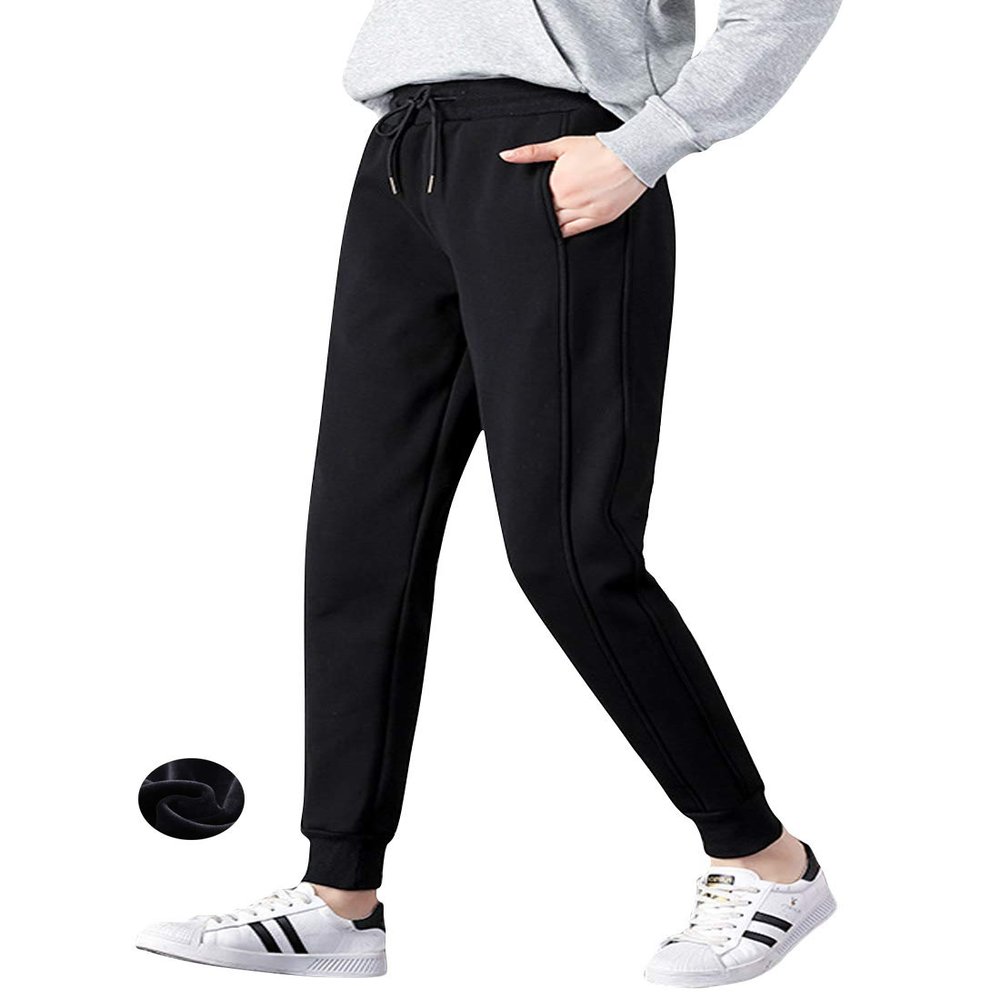 ZGZZ7 Women's Winter Warm Running Athletic Fleece-Lined Jogger Pants Warm Comfy Active Sweatpants (Black, Large)