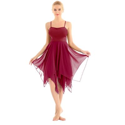 Agoky Women's Lyrical Dance Costume Spaghetti Straps Chiffon Asymmetric High-Low Modern Dress Wine_Red Small