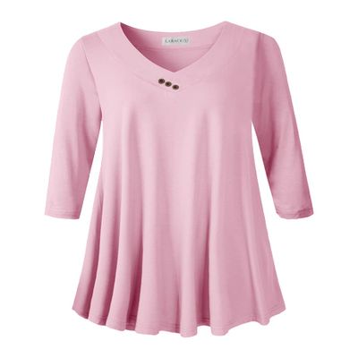 LARACE Plus Size Tunic Women's 3/4 Sleeve Tops And Blouses V Neck Shirts Loose Basic Tee(Pink L)