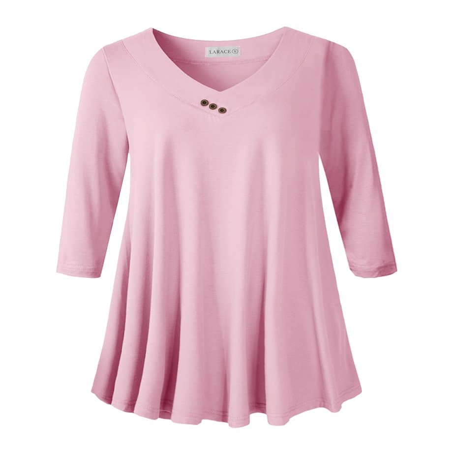 LARACE Plus Size Tunic Women's 3/4 Sleeve Tops And Blouses V Neck Shirts Loose Basic Tee(Pink L)