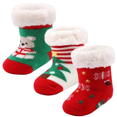 Cottock 3 Pairs Toddler Girl Boy Sherpa-lined Fuzzy Socks Anti Skid with Grips, Baby Girl Boy Christmas Socks Kids Slipper Socks (4-6 years, 3 pairs Christmas B)