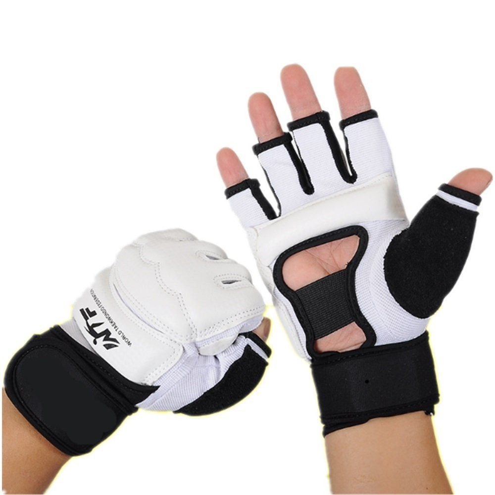 Baselay Half Finger Taekwondo Gloves, WTF Approved Muay Thai Sandbag Boxing Training Punching Bag Half Mitts Sparring Martial Arts Karate Fighting Glove for Men Women Kids (White, Small)