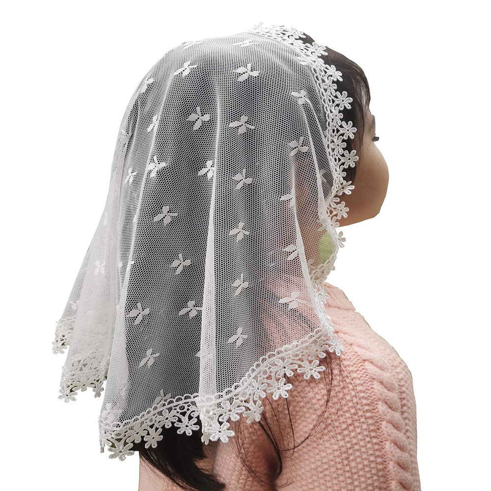 FANFAN Lace Church Veil Flower Girls Headcovering Bridal chapel veil (ivory clover)