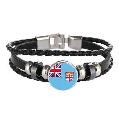 Wedarego Fiji Flag Braided Bracelet Leather Chain Crystal Wristband Souvenir,Fashion Handmade Bracelet For Man & Woman Special Day's Gift