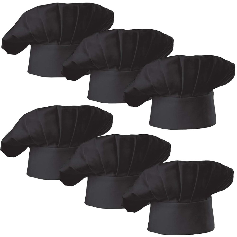 Hyzrz Chef Hat Set of 6 PCS Pack Adult Adjustable Elastic Baker Kitchen Cooking Chef Cap (Black)
