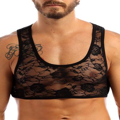 YiZYiF Sissy Mens Adult See Through Sheer Lingerie Sleeveless Lace Crossdressing Crop Top Black X-Large