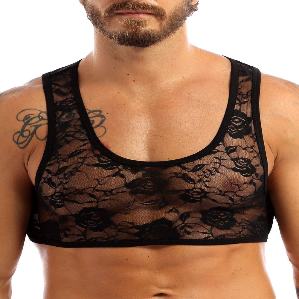 YiZYiF Sissy Mens Adult See Through Sheer Lingerie Sleeveless Lace Crossdressing Crop Top Black Medium