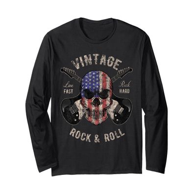 American Flag Guitar Vintage Rock and Roll Skull Guitarist Long Sleeve T-Shirt