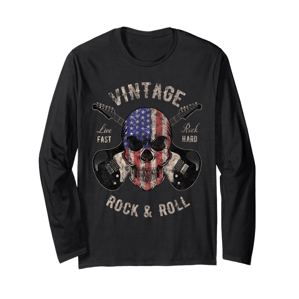 American Flag Guitar Vintage Rock and Roll Skull Guitarist Long Sleeve T-Shirt