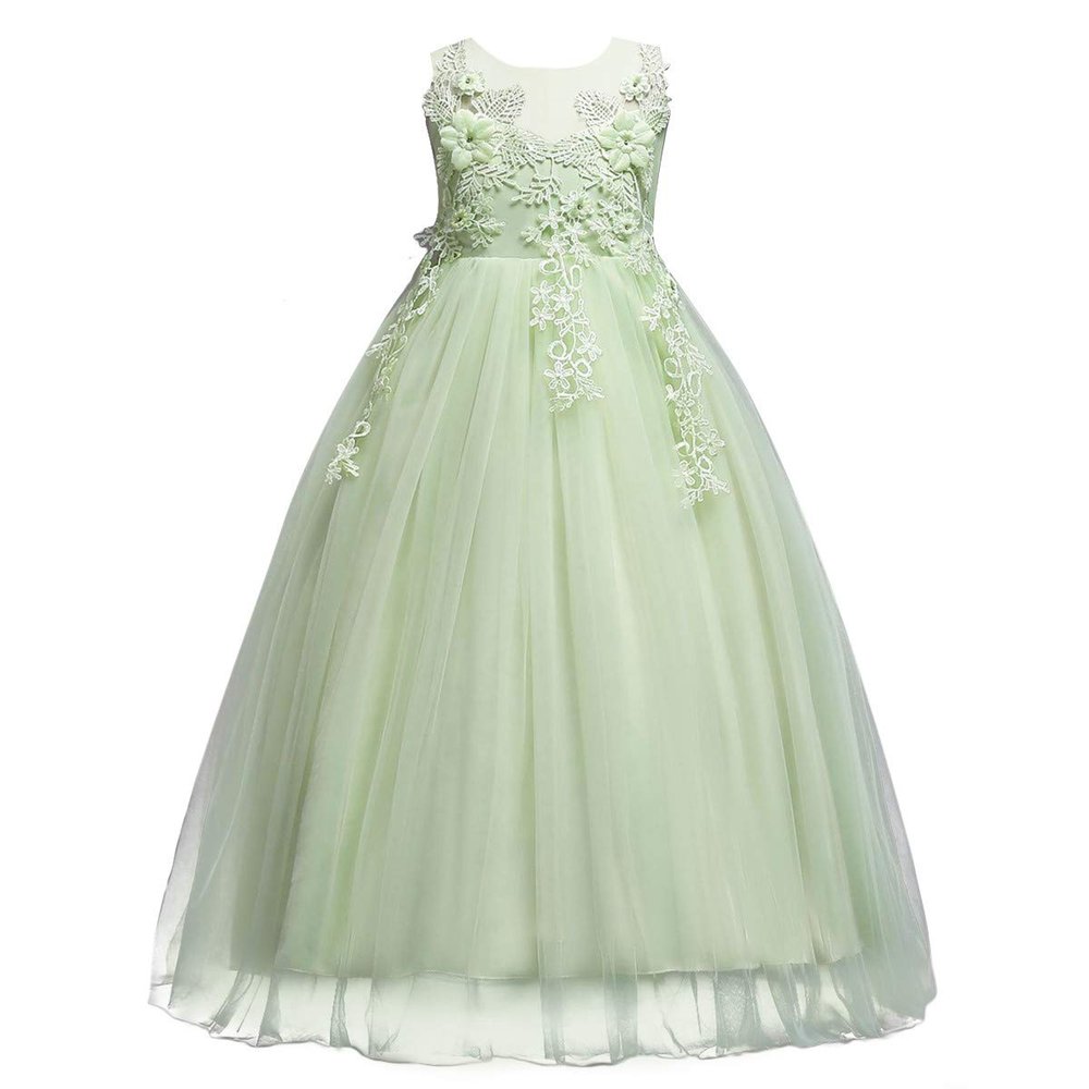 IZKIZF Flower Girls Princess Wedding Floor Length Tulle Dress Wedding Communion Pageant Party Maxi Gown Light Green 11-12T