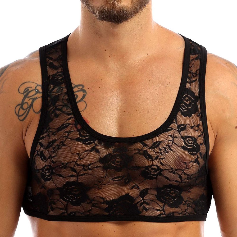 easyforever Men's See Through Sheer Mesh Sleeveless Floral Lace Short Vest Crop Tops Black Medium