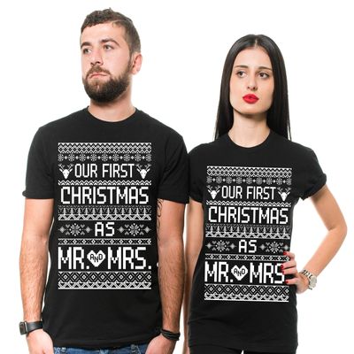 Couple Christmas Party Mr and Mrs Wife Husband Shirts Men XXL - Women Large Black