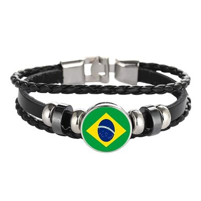 Wedarego Brazil Flag Braided Bracelet Leather Chain Crystal Wristband Souvenir,Fashion Handmade Bracelet For Man & Woman Special Day's Gift