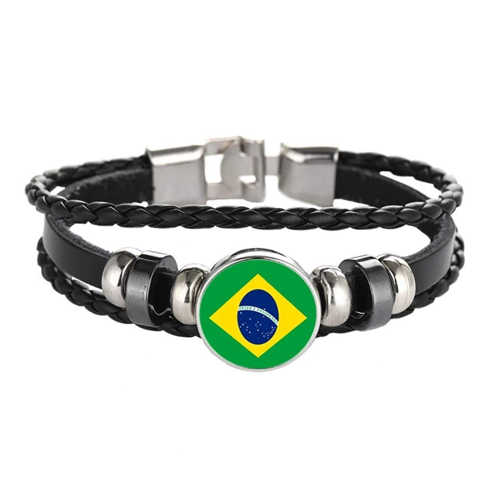Wedarego Brazil Flag Braided Bracelet Leather Chain Crystal Wristband Souvenir,Fashion Handmade Bracelet For Man & Woman Special Day's Gift