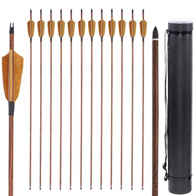 Obert 12pcs Carbon Arrows 30 Inch Hunting Arrows Wood Camo Shaft Spine 400 with 4 Inch Natural Feathers & Extendible Arrow Quiver for Recurve & Traditional Bows
