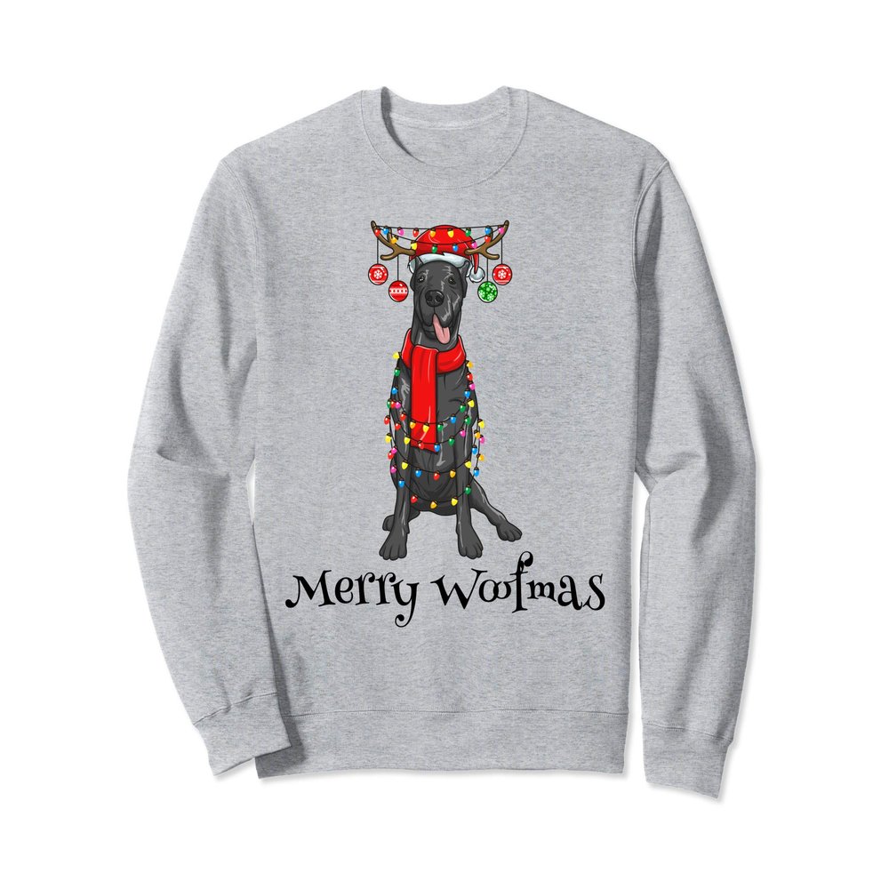 Christmas Cute Great Dane Dog Holiday Lights Merry Woofmas Sweatshirt
