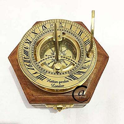 AV Brass Sundial/Marine Compass Nautical Compasses with Box Wooden CASE Gifts for MOM/DAD(Vintage)
