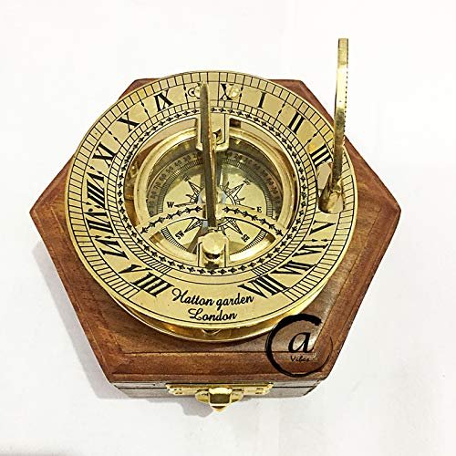 AV Brass Sundial/Marine Compass Nautical Compasses with Box Wooden CASE Gifts for MOM/DAD(Vintage)