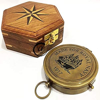 AV Wooden Case w/Compass Brass Magnet Needle Nautical Maritime Navigation Vintage Gifts for Marines/Military(Brass Finish)