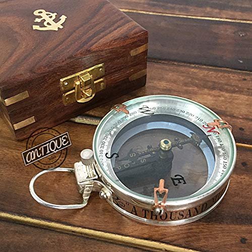 AV Brass Compass Silver with Wooden Box Nautical Maritime Compasses Collectible for Travelers/Men/Women