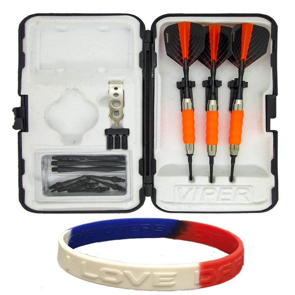 sure grip Viper Orange Soft Tip Darts with Dart Case & Accessories Choice of Flights 16 or 18 Grams Plus I Love Darts Bracelet (Harrows Quantum, 16g)