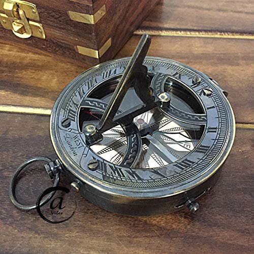 AV Gifts for Father/Mother Nautical Brass Sun Sundial Clock/Compass with Wooden Box/Case